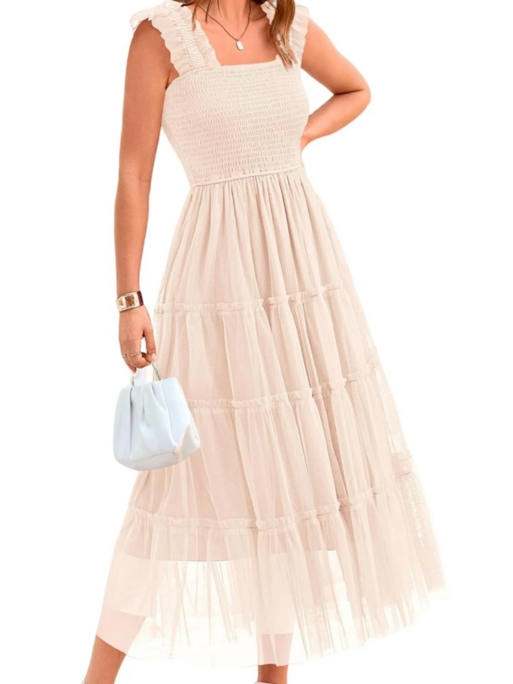 Smocked Square Neck Tiered Maxi Dress in Light Beige large